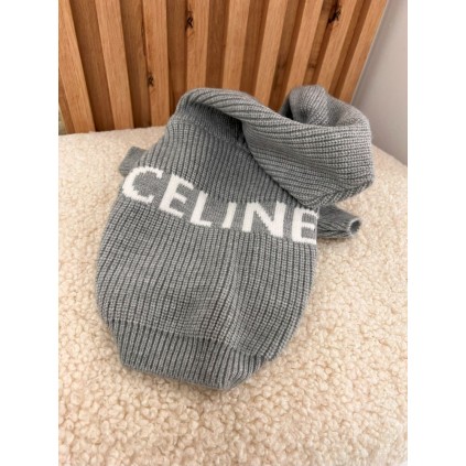 Брендовый свитер для собак CELINE крупной вязки, с объемным капюшоном на шнурках,серый