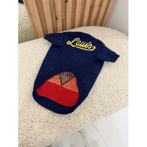 Брендовий светр для собак LV з червоним серцем, синій