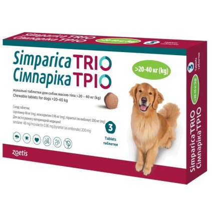 Таблетки Сімпарика ТРІО від бліх, кліщів та гельмінтів для собак від 20,1 до 40кг 1табл.