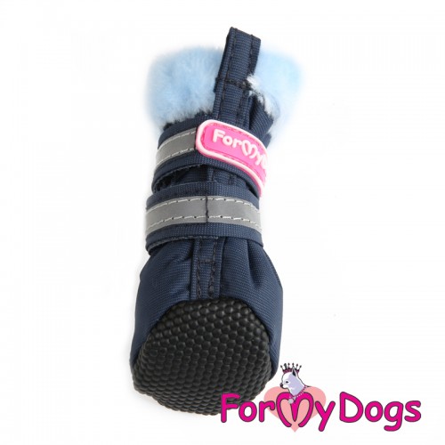 Зимние ботинки для собак For My Dogs на липучках со светоотражением,с мехом внутри синего цвета