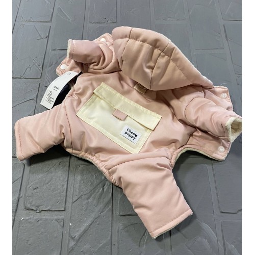 Зимний комбинезон для собак Cheepet атласный с карманом, на меховом подкладе, розовый