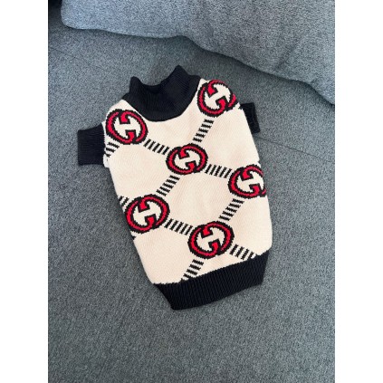 Брендовий светр для собак GUCCI з чорною окантовкою та червоними літерами, бежевий