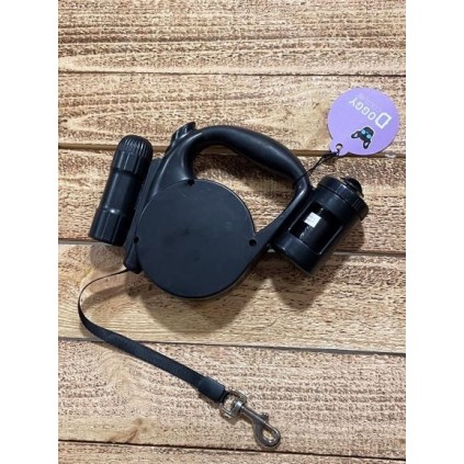 Рулетка для собак с ленточным поводком с фонариком и боксом для пакетиков черного цвета 5м/20кг