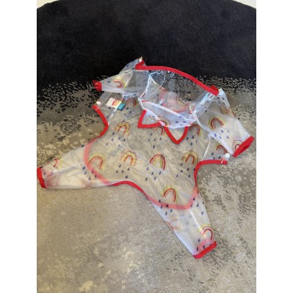 Прозорий дощовик для собак з капюшоном, комбінезон з веселками та червоною окантовкою