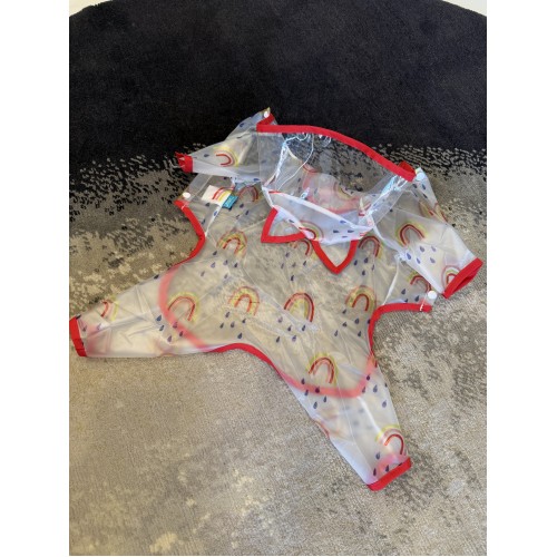 Прозорий дощовик для собак з капюшоном, комбінезон з веселками та червоною окантовкою