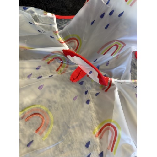 Прозорий дощовик для собак з капюшоном, комбінезон з веселками та червоною окантовкою