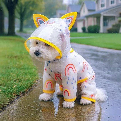 Дождевик для собак прозрачный на 4 лапы c ушками лисы на капюшоне желтый кант