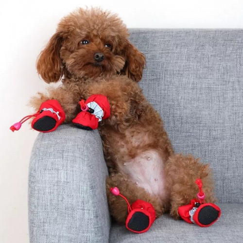 Теплые ботинки для собак на весну-осень, водонепроницаемые с затяжкой на флисе, красного цвета