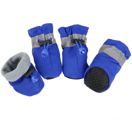 Теплые ботинки для собак на весну-осень, водонепроницаемые с затяжкой на флисе, синего цвета
