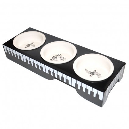 Деревянная подставка с керамическими мисками для собак и кошек Elite "Пианино" 3 керамические миски белого цвета, черная подставка