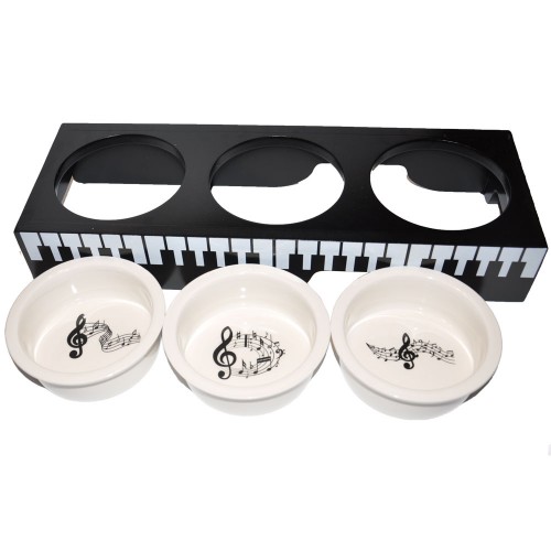 Дерев\'яна підставка з керамічними мисками для собак і кішок Elite "Піаніно" 3 керамічні миски білого кольору, чорна підставка