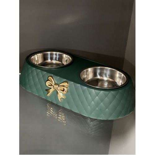 Двойная пластиковая подствка под железные миски для собак и котов с БАНТОМ 34*17,5*6,5см зеленая