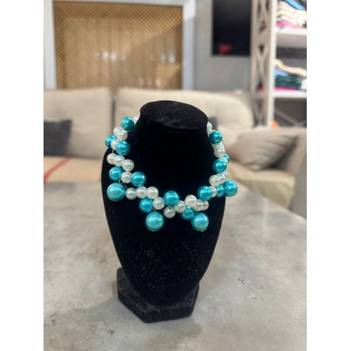 Намисто для собак і котів з перлів на срібному ланцюжку, блакитний з білим