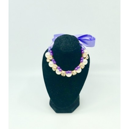 Ожерелье для собак и котов из жемчуга и камней на фиолетовой шелковой ленте