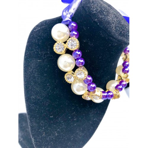 Ожерелье для собак и котов из жемчуга и камней на фиолетовой шелковой ленте