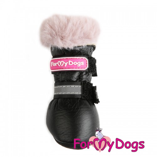 ЗИМНИЕ САПОГИ цельнокроеные для собак FMD искусственная черная  кожа с розовым  мехом