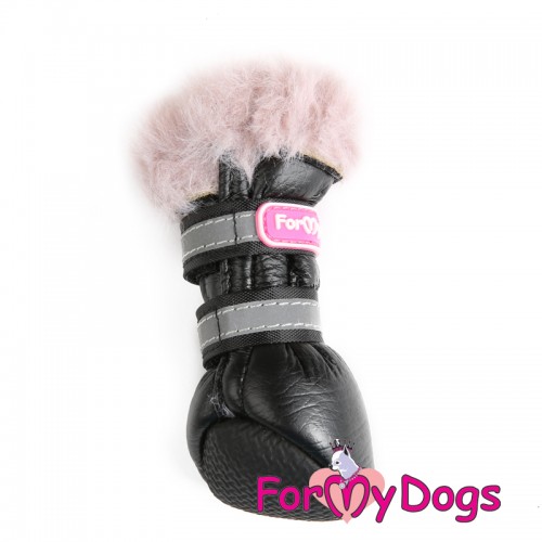 ЗИМНИЕ САПОГИ цельнокроеные для собак FMD искусственная черная  кожа с розовым  мехом
