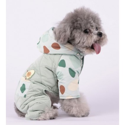 Зимний комбинезон для собак с капюшоном принт авокадо на шелковой подкладке зеленого цвета
