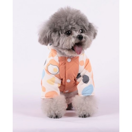 Зимний комбинезон для собак с капюшоном принт в горошек на шелковой подкладке оранжевого цвета