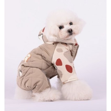 Зимний комбинезон для собак с капюшоном принт в горошек на шелковой подкладке коричневого цвета