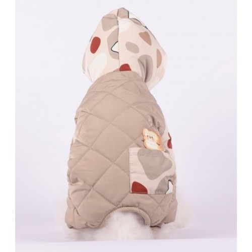 Зимний комбинезон для собак с капюшоном принт в горошек на шелковой подкладке коричневого цвета