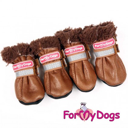 Зимние ботинки для собак For My Dogs из эко кожи на мягкой подошве, на липучке коричневого цвета