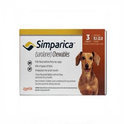 Таблетки Simparica Симпарика от блох и клещей для собак от 5кг до 10кг, 20мг/1табл.
