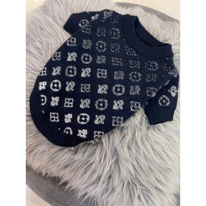 Брендовый свитер для собак LV с исчезающими серебрнными буквами, синий