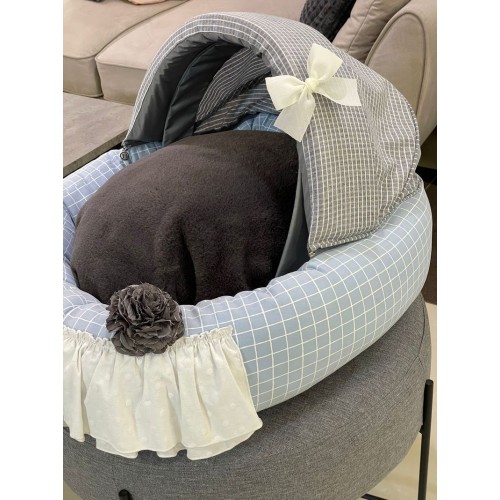 Лежанка люлька для собак Boris House Baby Cradle с коричневым плюшевым матрасом и голубой клеткой