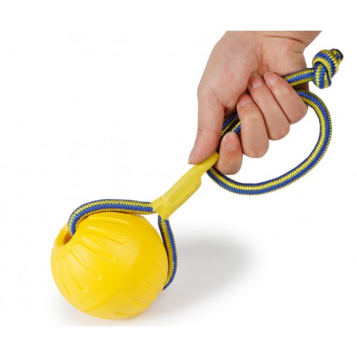 Игрушка для собак Тренировочный МЯЧ с канатом плавающий из пенистой резины, желтый 9см